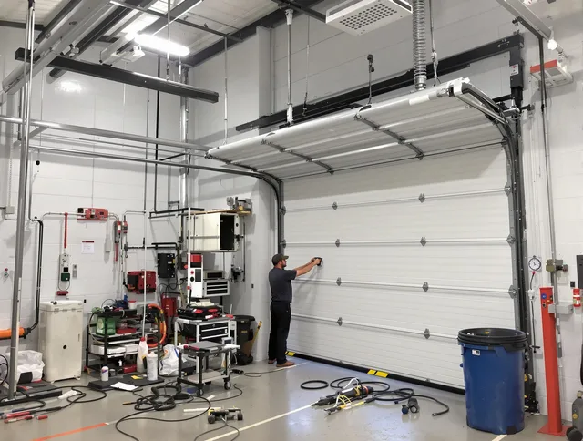Trumbull Garage Door Repair certified technician performing commercial door repair at a Trumbull business facility