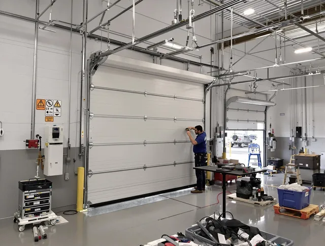 Commercial garage door repair being performed by Trumbull Garage Door Repair expert in Trumbull