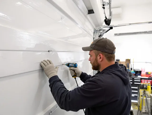 Trumbull Garage Door Repair technician demonstrating precision dent removal techniques on a Trumbull garage door