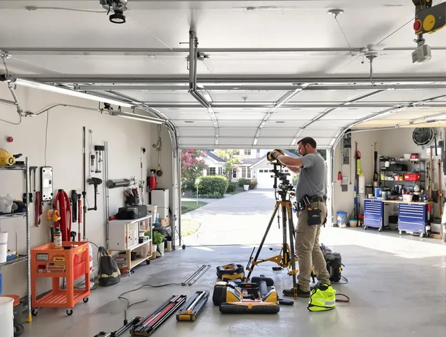 Trumbull Garage Door Repair specialist performing laser-guided track alignment in Trumbull